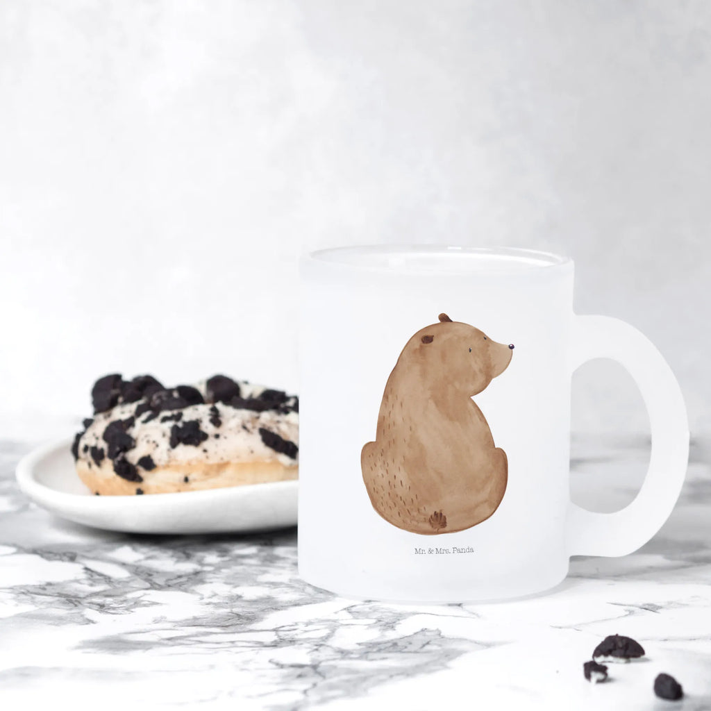 Teetasse Bär Schulterblick Teetasse, Teeglas, Teebecher, Tasse mit Henkel, Tasse, Glas Teetasse, Teetasse aus Glas, Bär, Teddy, Teddybär, Selbstachtung, Weltansicht, Motivation, Bären, Bärenliebe, Weisheit