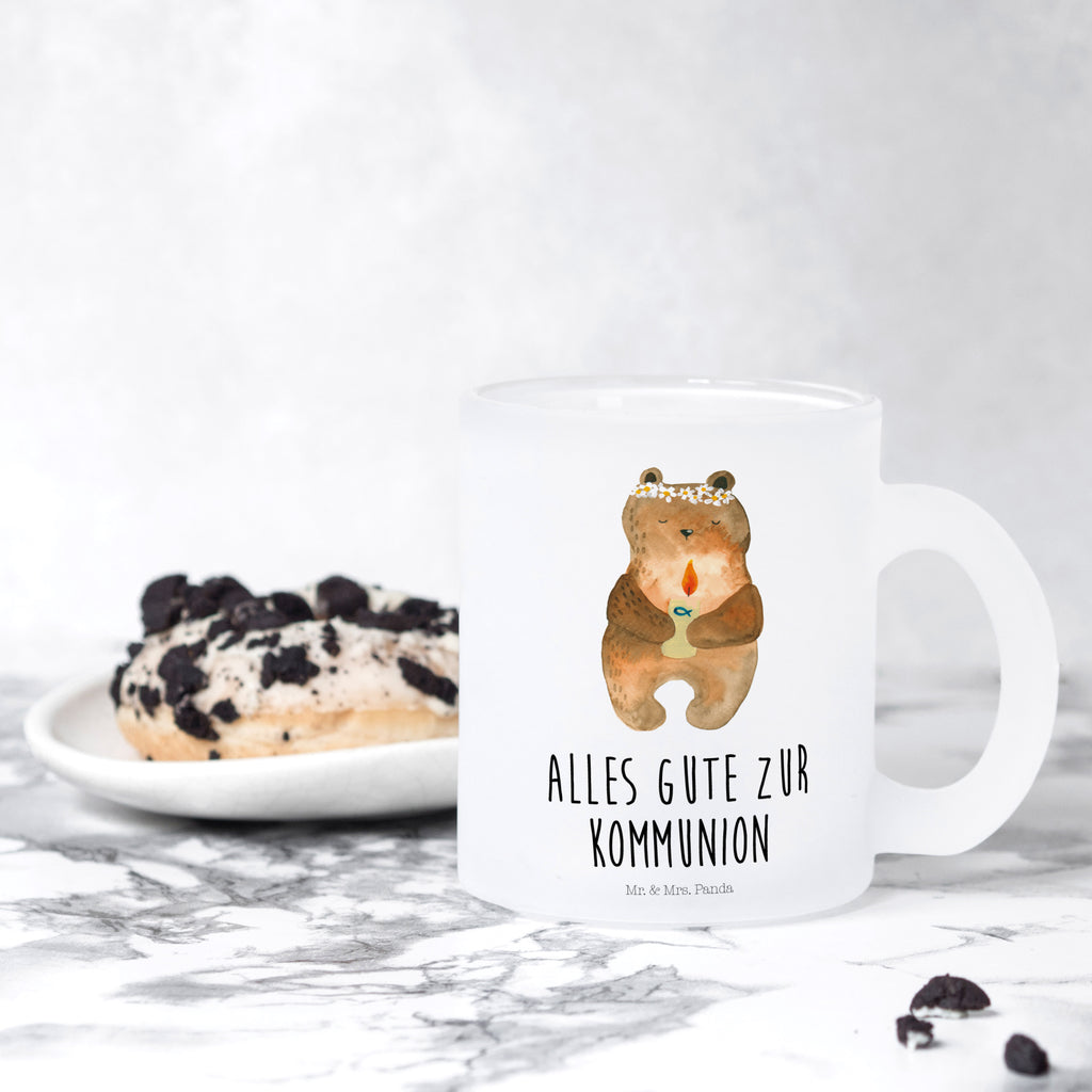 Teetasse Kommunion-Bär Teetasse, Teeglas, Teebecher, Tasse mit Henkel, Tasse, Glas Teetasse, Teetasse aus Glas, Bär, Teddy, Teddybär, Kommunion, Gottes Segen, Taufkerze, katholisch