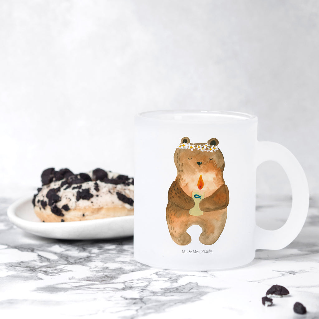 Teetasse Kommunion-Bär Teetasse, Teeglas, Teebecher, Tasse mit Henkel, Tasse, Glas Teetasse, Teetasse aus Glas, Bär, Teddy, Teddybär, Kommunion, Gottes Segen, Taufkerze, katholisch