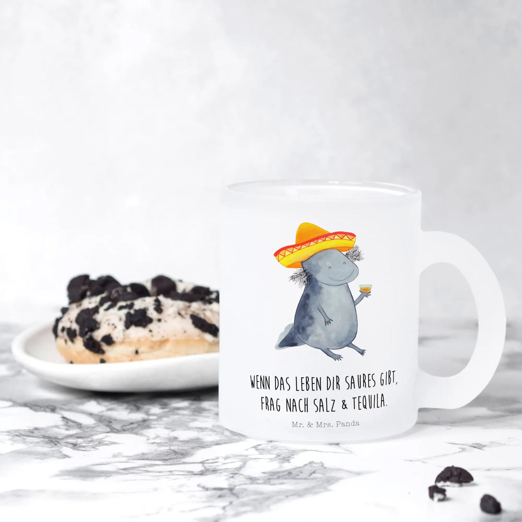 Teetasse Axolotl Tequila Teetasse, Teeglas, Teebecher, Tasse mit Henkel, Tasse, Glas Teetasse, Teetasse aus Glas, Axolotl, Molch, Mexico, Mexiko, Sombrero, Zitrone, Tequila, Motivation, Spruch, Schwanzlurch, Lurch, Lurche, Axolot, Feuerdrache, Feuersalamander