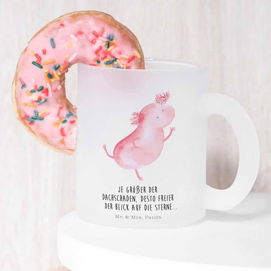 Teetasse Axolotl tanzt Teetasse, Teeglas, Teebecher, Tasse mit Henkel, Tasse, Glas Teetasse, Teetasse aus Glas, Axolotl, Molch, Axolot, Schwanzlurch, Lurch, Lurche, Dachschaden, Sterne, verrückt, Freundin, beste Freundin