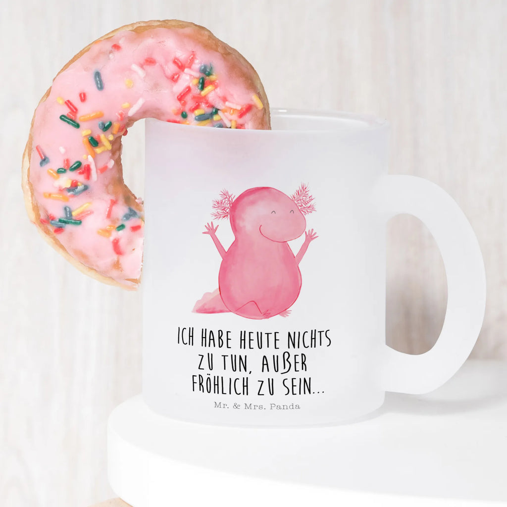 Teetasse Axolotl Hurra Teetasse, Teeglas, Teebecher, Tasse mit Henkel, Tasse, Glas Teetasse, Teetasse aus Glas, Axolotl, Molch, Axolot, Schwanzlurch, Lurch, Lurche, fröhlich, Spaß, Freude, Motivation, Zufriedenheit