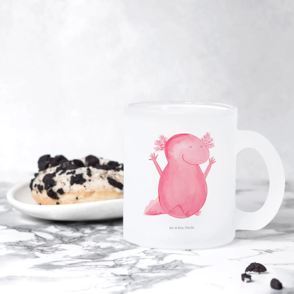 Teetasse Axolotl Hurra Teetasse, Teeglas, Teebecher, Tasse mit Henkel, Tasse, Glas Teetasse, Teetasse aus Glas, Axolotl, Molch, Axolot, Schwanzlurch, Lurch, Lurche, fröhlich, Spaß, Freude, Motivation, Zufriedenheit