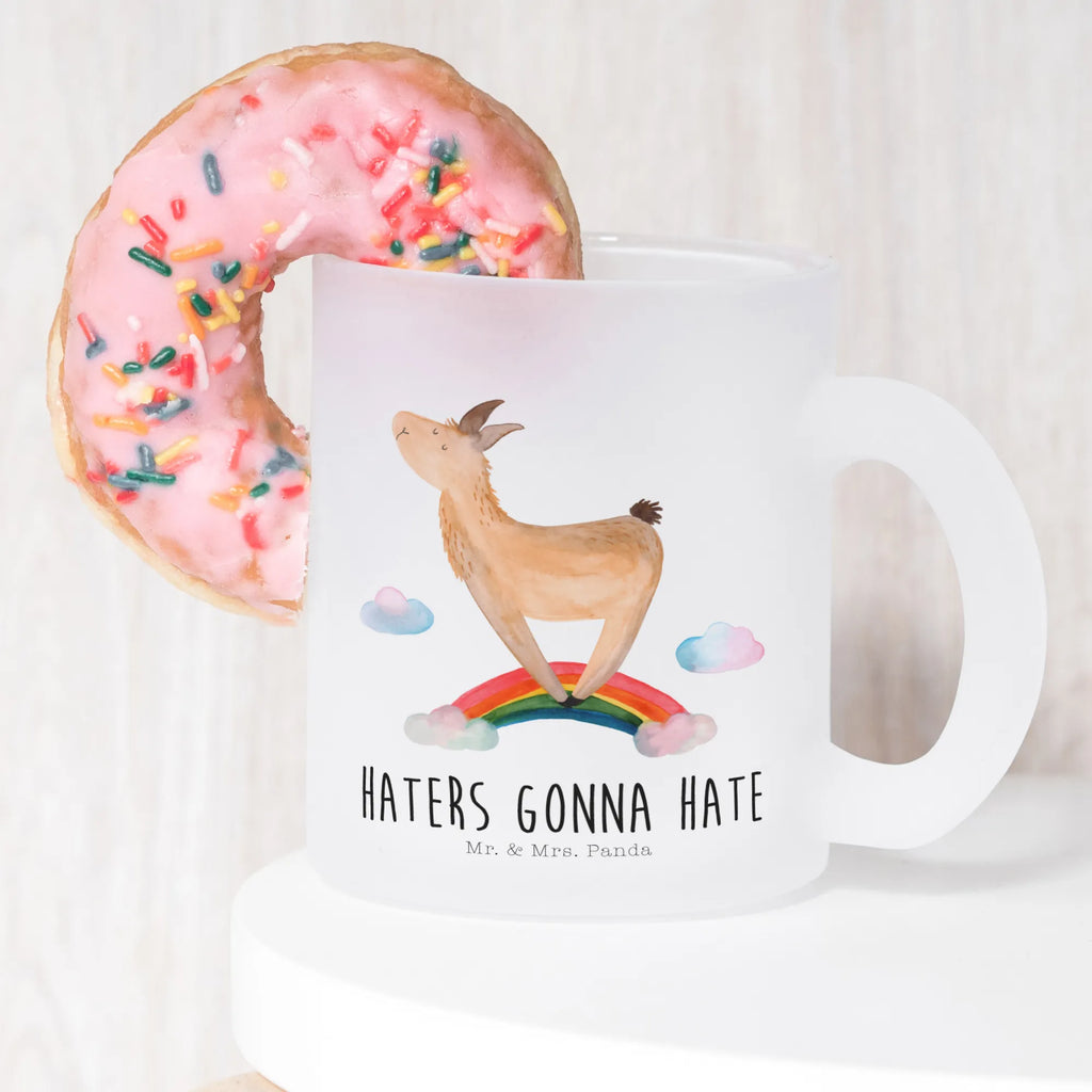 Teetasse Lama Regenbogen Teetasse, Teeglas, Teebecher, Tasse mit Henkel, Tasse, Glas Teetasse, Teetasse aus Glas, Lama, Alpaka, Lamas, Regenbogen, Haters gonna hate, Haters, Selbstständig, Außenseiter, Schule, Abi, Hobby, Wolkenland, Freiheit