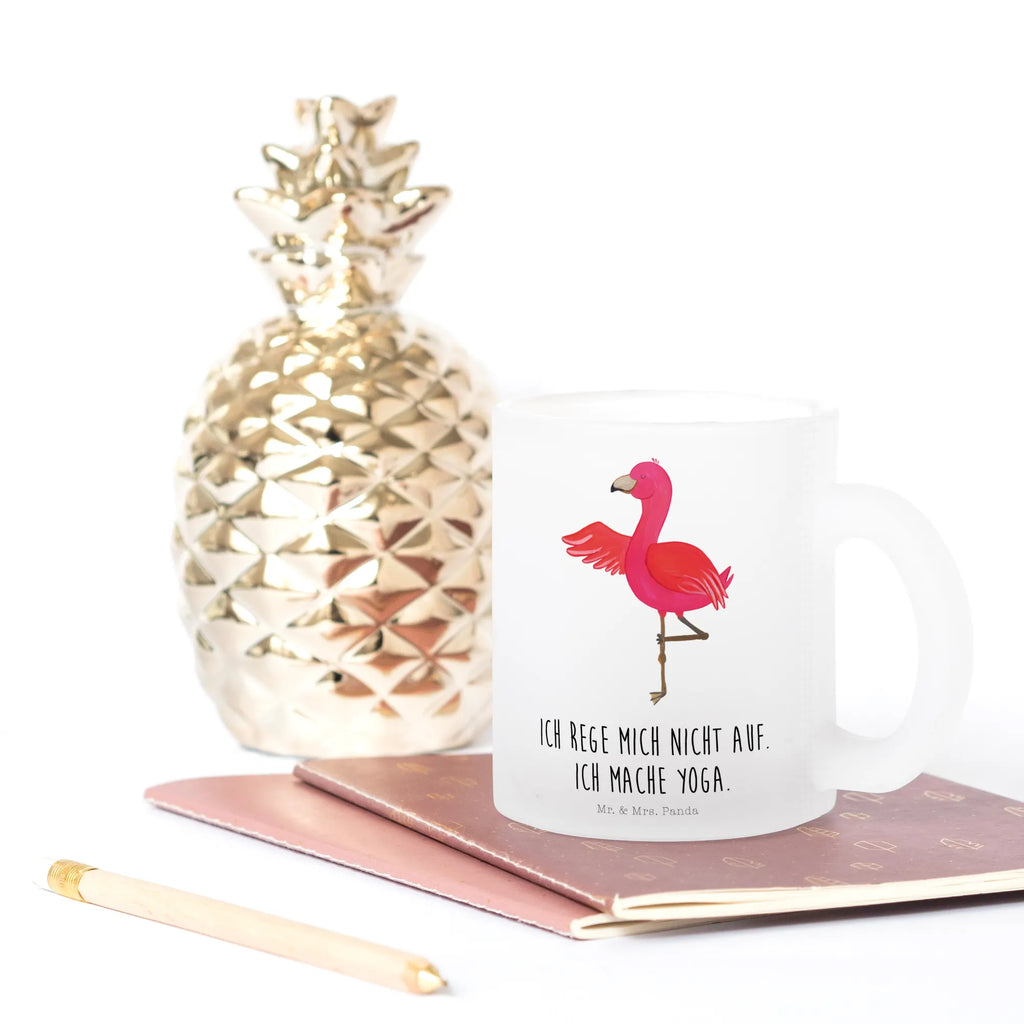 Teetasse Flamingo Yoga Teetasse, Teeglas, Teebecher, Tasse mit Henkel, Tasse, Glas Teetasse, Teetasse aus Glas, Flamingo, Vogel, Yoga, Namaste, Achtsamkeit, Yoga-Übung, Entspannung, Ärger, Aufregen, Tiefenentspannung