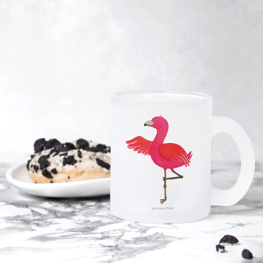 Teetasse Flamingo Yoga Teetasse, Teeglas, Teebecher, Tasse mit Henkel, Tasse, Glas Teetasse, Teetasse aus Glas, Flamingo, Vogel, Yoga, Namaste, Achtsamkeit, Yoga-Übung, Entspannung, Ärger, Aufregen, Tiefenentspannung