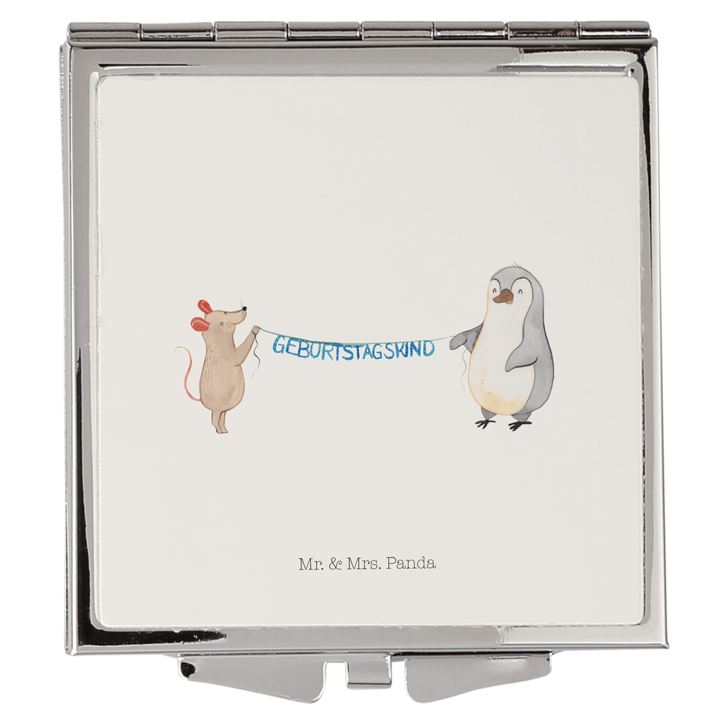 Handtaschenspiegel quadratisch Maus Pinguin Geburtstag Spiegel, Handtasche, Quadrat, silber, schminken, Schminkspiegel, Geburtstag, Geburtstagsgeschenk, Geschenk, Maus, Pinguin, Geburtstage, Happy Birthday, Geburtstagsfeier