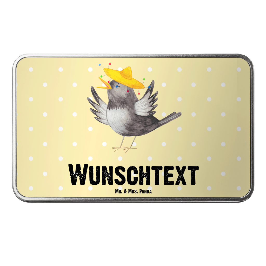 Personalisierte Metalldose Rabe mit Sombrero Personalisierte Metalldose, Dose mit Namen, Namensdose, Kiste mit Namen, Namenskiste, Tiermotive, Gute Laune, lustige Sprüche, Tiere, Rabe, Vogel, Vögel, Spruch positiv, fröhlich sein, glücklich sein, Glück Spruch, froh, Elster, Motivation