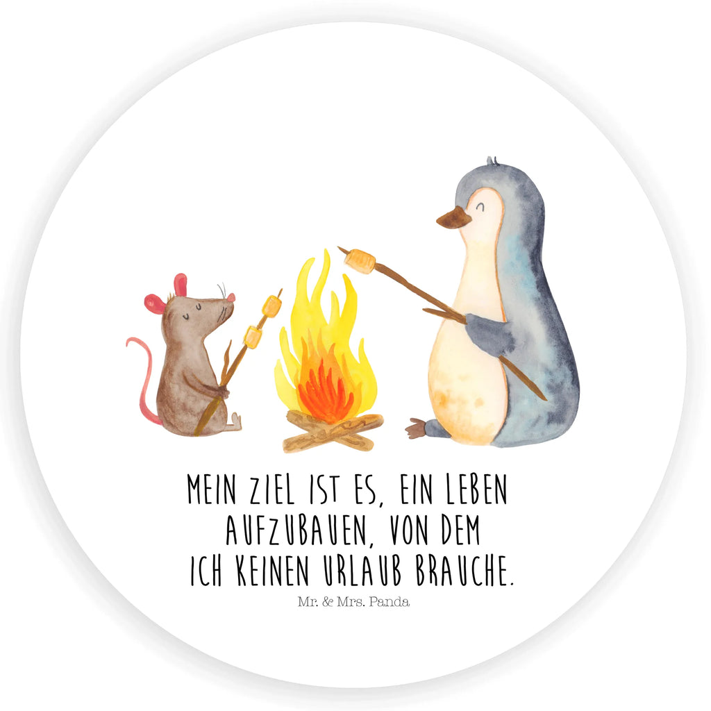 Rund Aufkleber Pinguin Lagerfeuer Sticker, Aufkleber, Etikett, Pinguin, Maus, Pinguine, Lagerfeuer, Leben, Arbeit, Job, Motivation, Büro, Büroalltag, Lebensspruch, Lebensmotivation, Neustart, Liebe, grillen, Feuer, Marshmallows