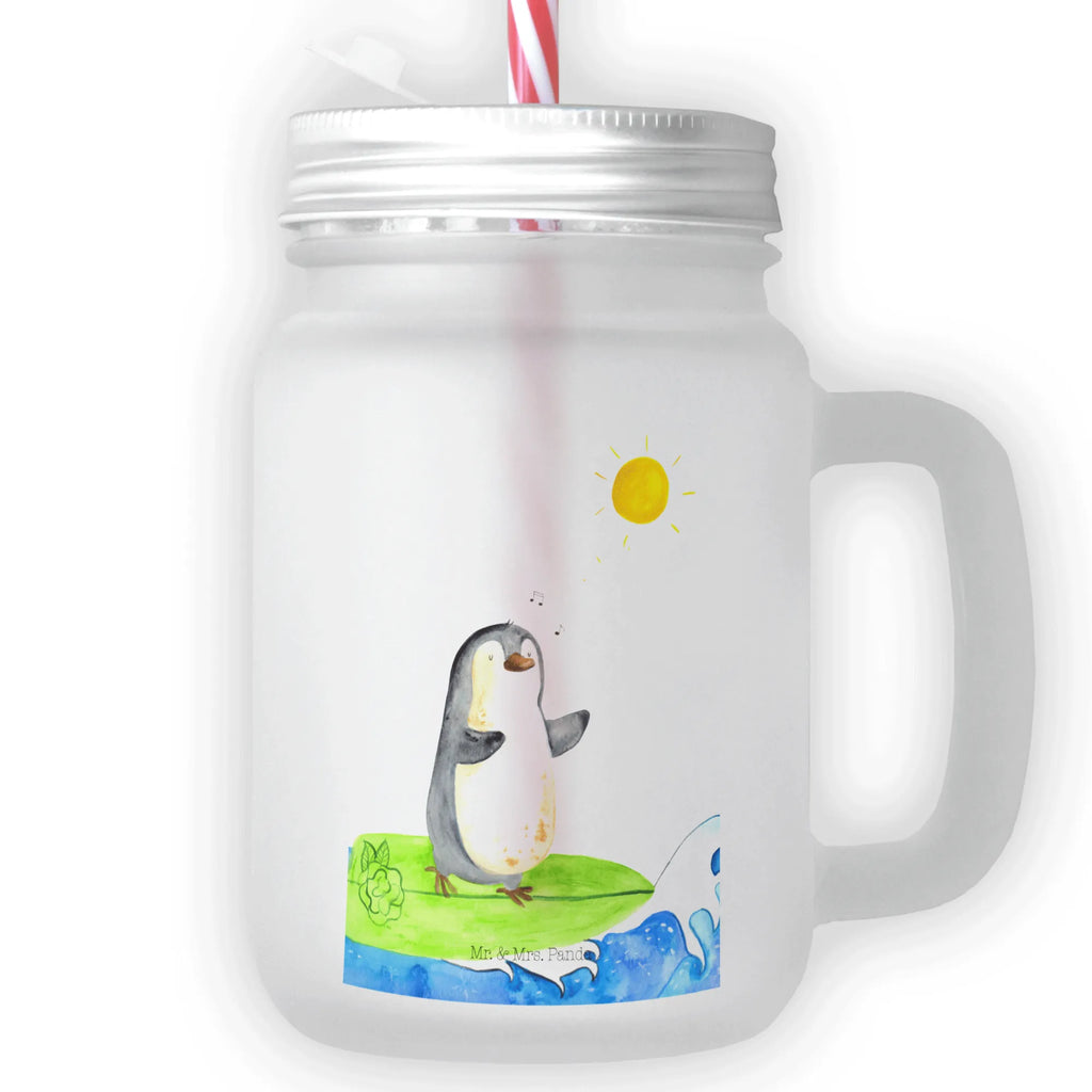 Trinkglas Mason Jar Pinguin Surfer Mason Jar, Glas, Trinkglas, Henkelglas, Sommerglas, Einmachglas, Cocktailglas, Cocktail-Glas, Mason Jar Trinkglas, Satiniertes Glas, Retro-Glas, Strohhalm Glas, Schraubdeckel Glas, Sommerparty Einrichtung, Pinguin, Pinguine, surfen, Surfer, Hawaii, Urlaub, Wellen, Wellen reiten, Portugal