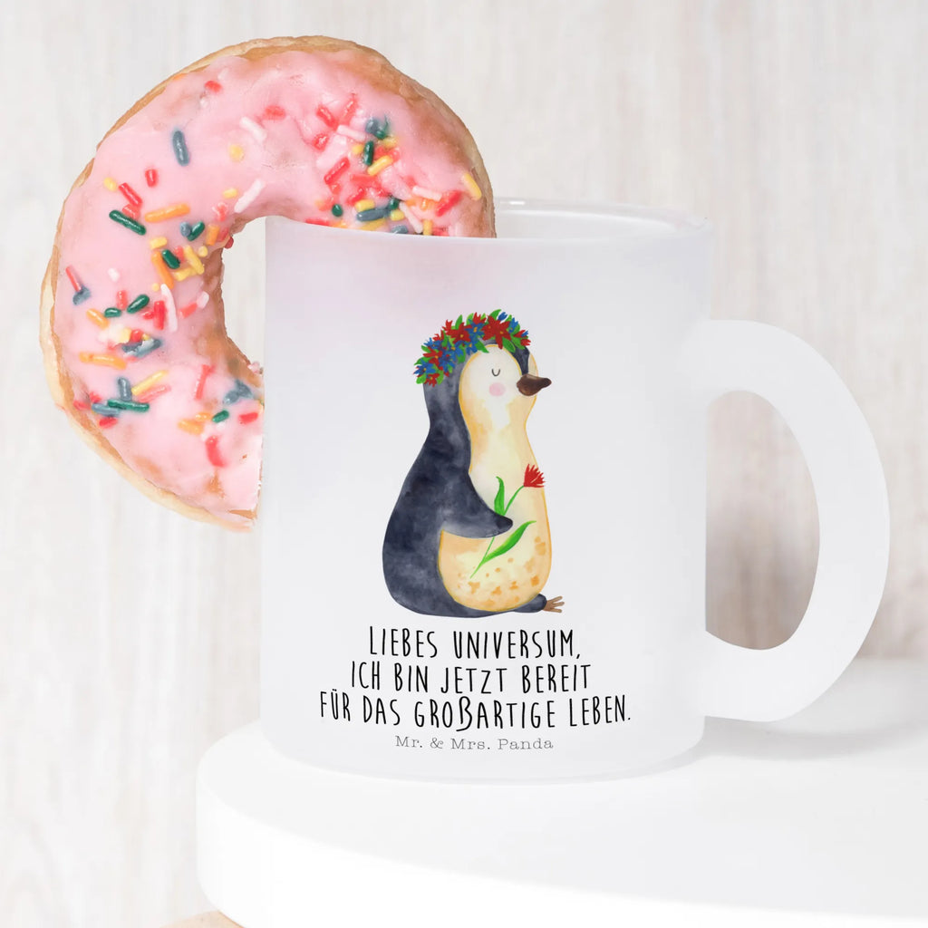 Teetasse Pinguin Blumenkranz Teetasse, Teeglas, Teebecher, Tasse mit Henkel, Tasse, Glas Teetasse, Teetasse aus Glas, Pinguin, Pinguine, Blumenkranz, Universum, Leben, Wünsche, Ziele, Lebensziele, Motivation, Lebenslust, Liebeskummer, Geschenkidee