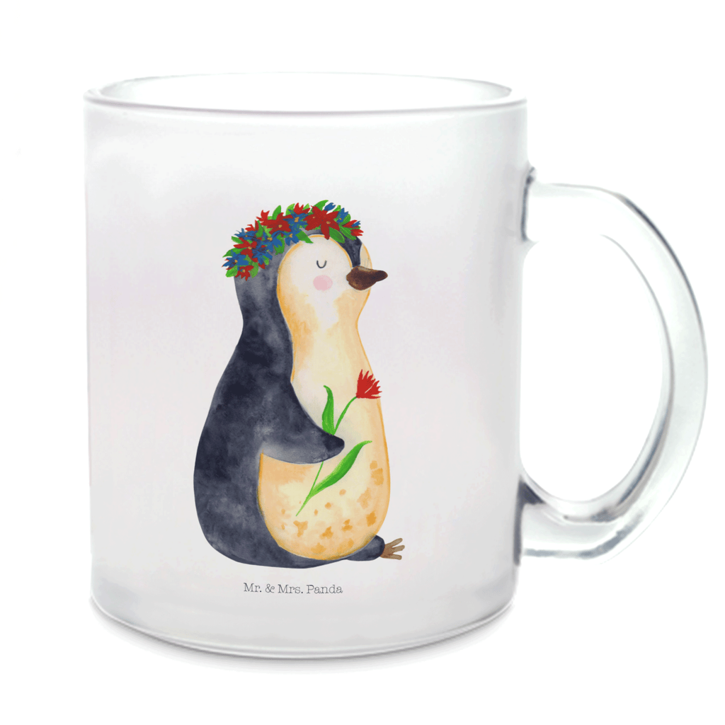 Teetasse Pinguin Blumenkranz Teetasse, Teeglas, Teebecher, Tasse mit Henkel, Tasse, Glas Teetasse, Teetasse aus Glas, Pinguin, Pinguine, Blumenkranz, Universum, Leben, Wünsche, Ziele, Lebensziele, Motivation, Lebenslust, Liebeskummer, Geschenkidee