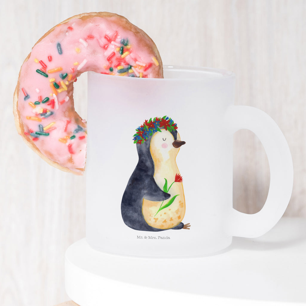 Teetasse Pinguin Blumenkranz Teetasse, Teeglas, Teebecher, Tasse mit Henkel, Tasse, Glas Teetasse, Teetasse aus Glas, Pinguin, Pinguine, Blumenkranz, Universum, Leben, Wünsche, Ziele, Lebensziele, Motivation, Lebenslust, Liebeskummer, Geschenkidee