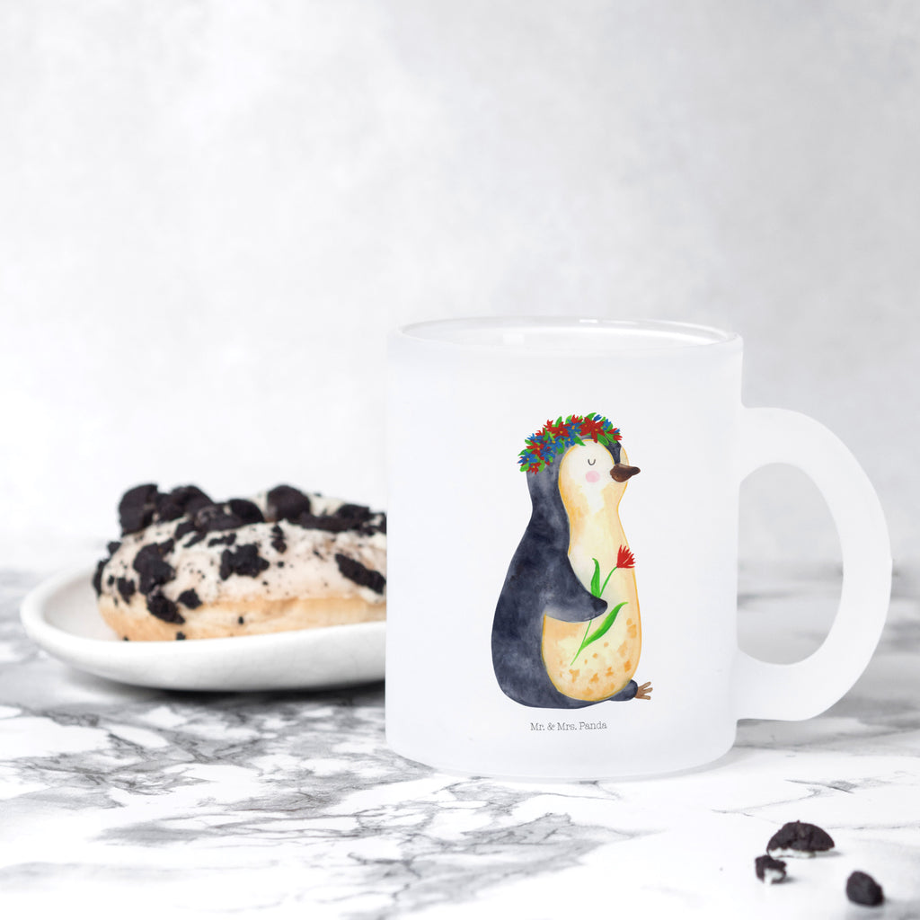 Teetasse Pinguin Blumenkranz Teetasse, Teeglas, Teebecher, Tasse mit Henkel, Tasse, Glas Teetasse, Teetasse aus Glas, Pinguin, Pinguine, Blumenkranz, Universum, Leben, Wünsche, Ziele, Lebensziele, Motivation, Lebenslust, Liebeskummer, Geschenkidee