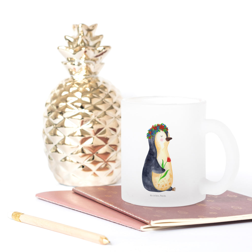 Teetasse Pinguin Blumenkranz Teetasse, Teeglas, Teebecher, Tasse mit Henkel, Tasse, Glas Teetasse, Teetasse aus Glas, Pinguin, Pinguine, Blumenkranz, Universum, Leben, Wünsche, Ziele, Lebensziele, Motivation, Lebenslust, Liebeskummer, Geschenkidee