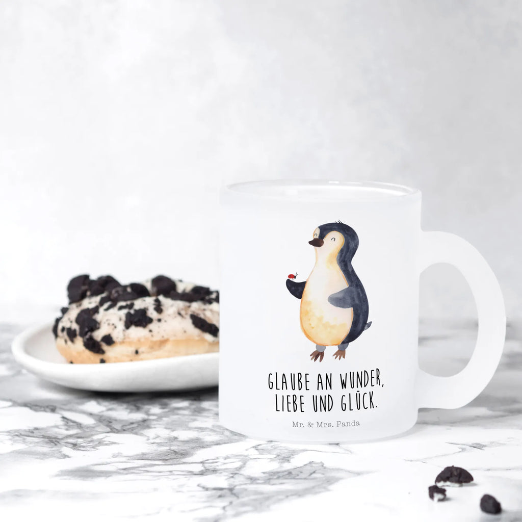 Teetasse Pinguin Marienkäfer Teetasse, Teeglas, Teebecher, Tasse mit Henkel, Tasse, Glas Teetasse, Teetasse aus Glas, Pinguin, Pinguine, Marienkäfer, Liebe, Wunder, Glück, Freude, Lebensfreude