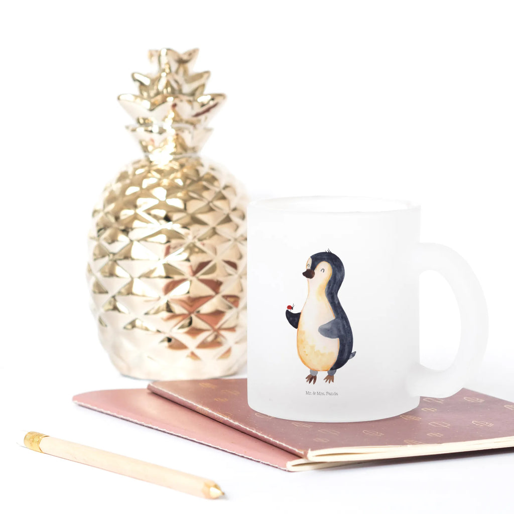 Teetasse Pinguin Marienkäfer Teetasse, Teeglas, Teebecher, Tasse mit Henkel, Tasse, Glas Teetasse, Teetasse aus Glas, Pinguin, Pinguine, Marienkäfer, Liebe, Wunder, Glück, Freude, Lebensfreude