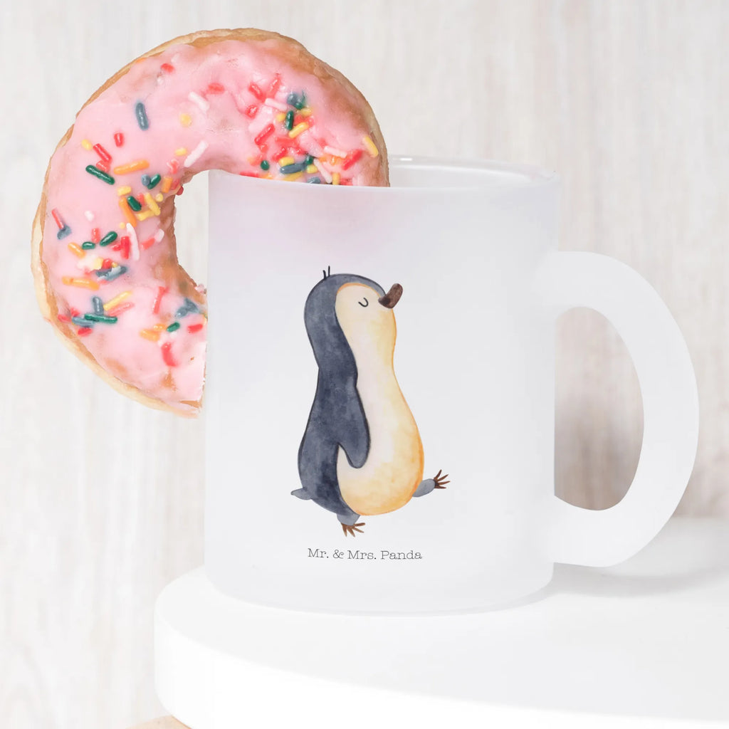 Teetasse Pinguin marschierend Teetasse, Teeglas, Teebecher, Tasse mit Henkel, Tasse, Glas Teetasse, Teetasse aus Glas, Pinguin, Pinguine, Frühaufsteher, Langschläfer, Bruder, Schwester, Familie