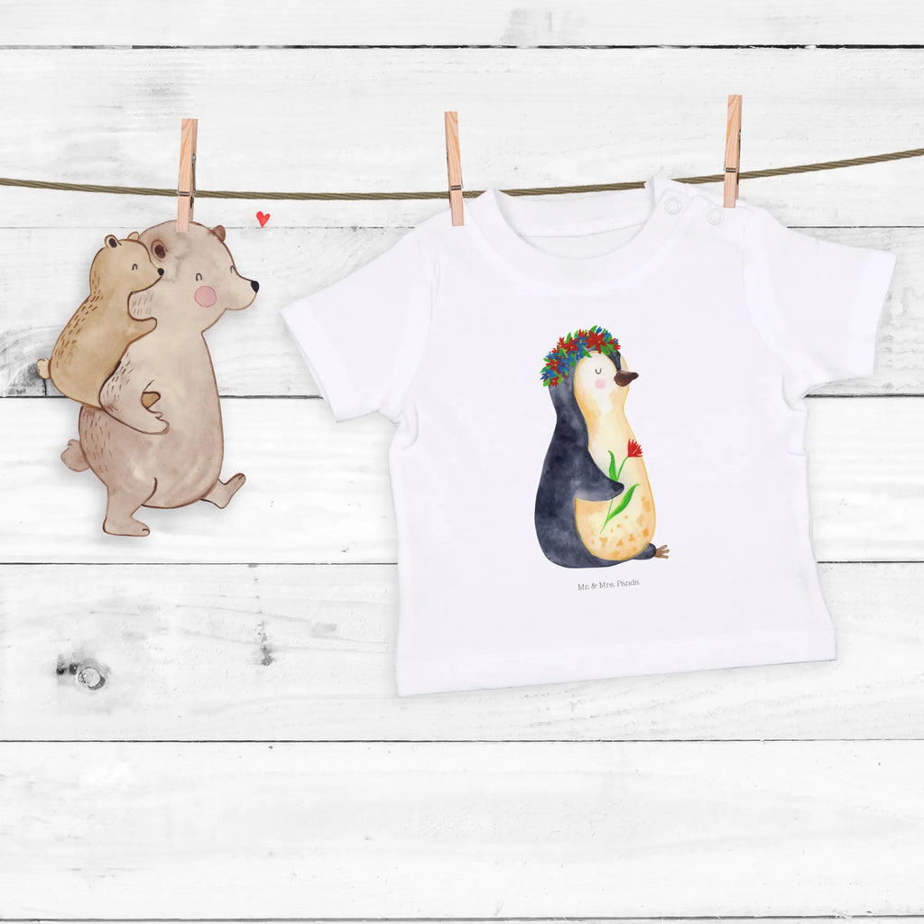 Organic Baby Shirt Pinguin Blumen Baby T-Shirt, Jungen Baby T-Shirt, Mädchen Baby T-Shirt, Shirt, Pinguin, Pinguine, Blumenkranz, Universum, Leben, Wünsche, Ziele, Lebensziele, Motivation, Lebenslust, Liebeskummer, Geschenkidee