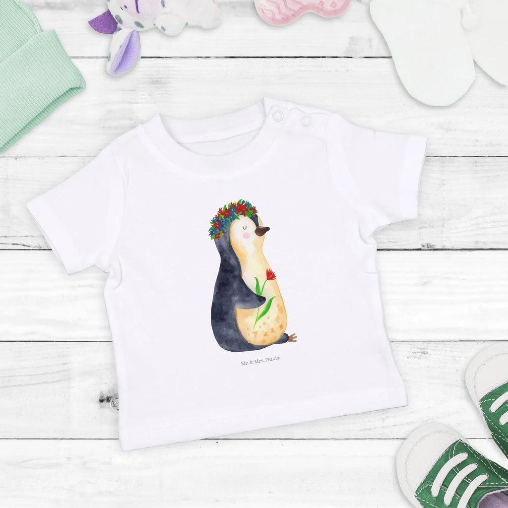 Organic Baby Shirt Pinguin Blumen Baby T-Shirt, Jungen Baby T-Shirt, Mädchen Baby T-Shirt, Shirt, Pinguin, Pinguine, Blumenkranz, Universum, Leben, Wünsche, Ziele, Lebensziele, Motivation, Lebenslust, Liebeskummer, Geschenkidee