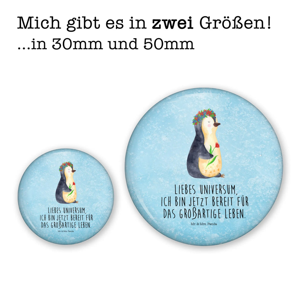 Button Pinguin Blumenkranz 50mm Button, Button, Pin, Anstecknadel, Pinguin, Pinguine, Blumenkranz, Universum, Leben, Wünsche, Ziele, Lebensziele, Motivation, Lebenslust, Liebeskummer, Geschenkidee