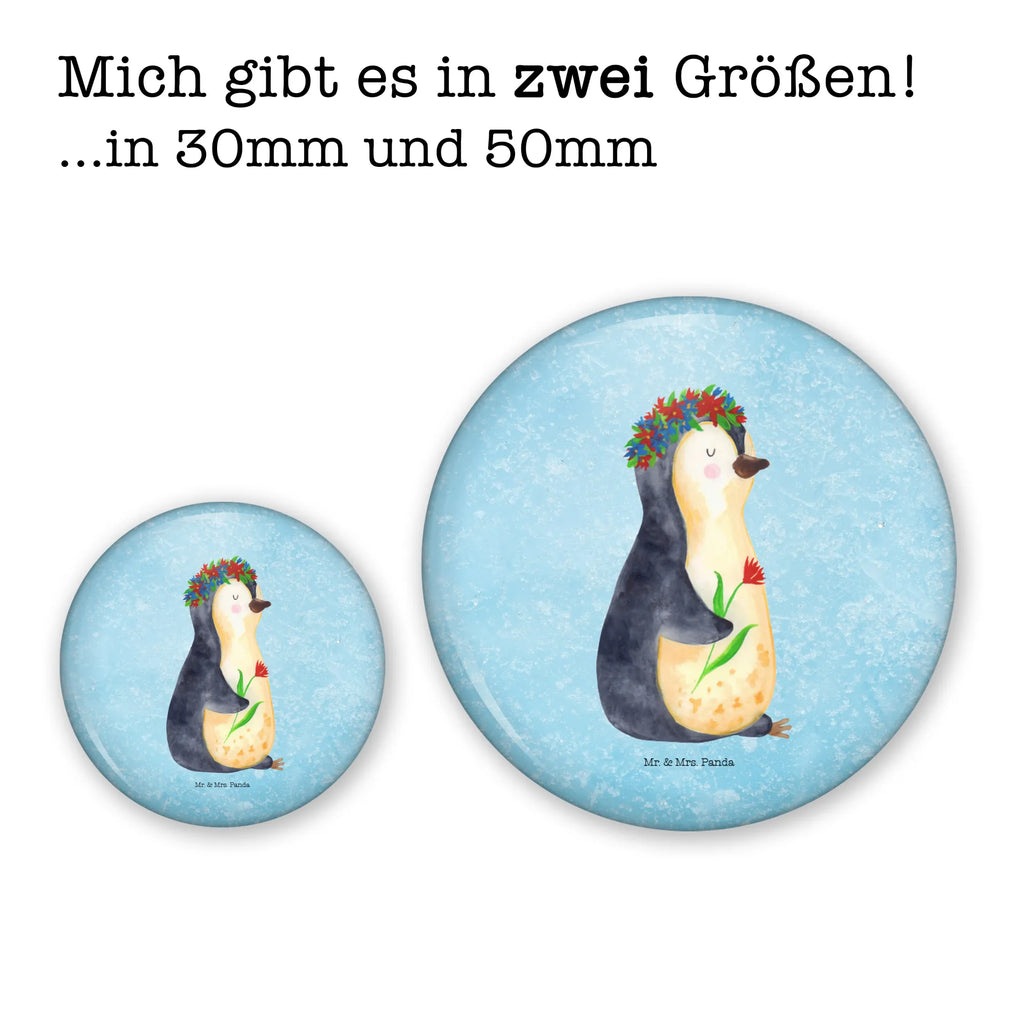 Button Pinguin Blumenkranz 50mm Button, Button, Pin, Anstecknadel, Pinguin, Pinguine, Blumenkranz, Universum, Leben, Wünsche, Ziele, Lebensziele, Motivation, Lebenslust, Liebeskummer, Geschenkidee