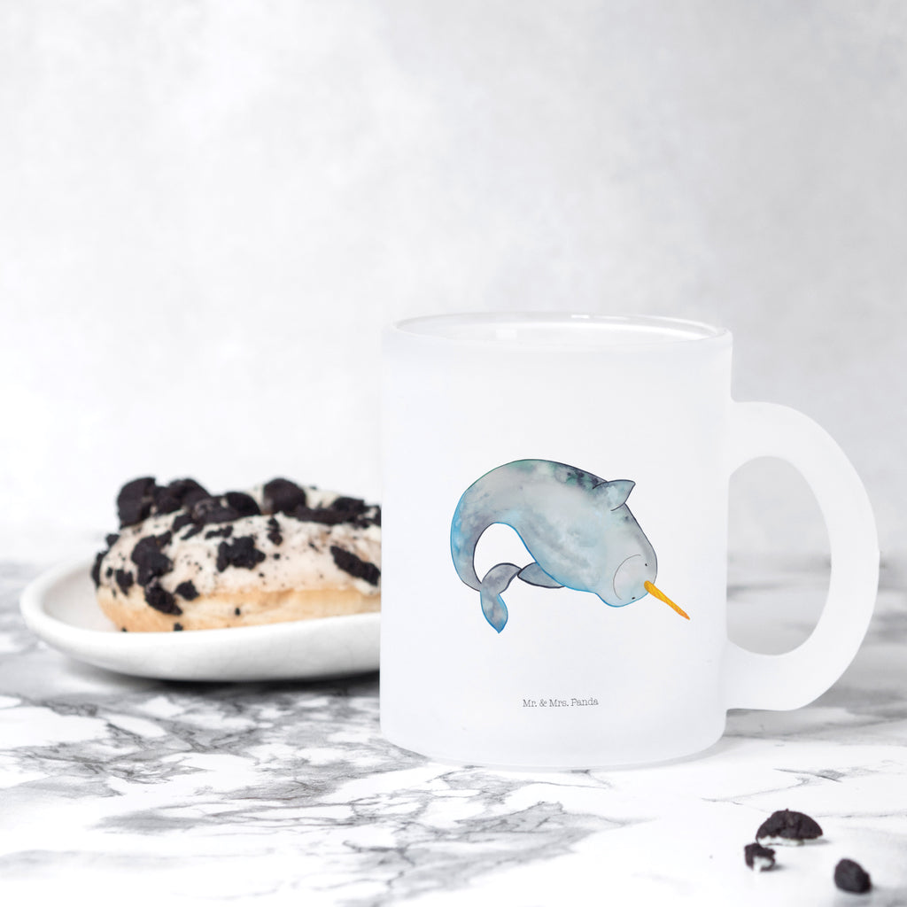 Teetasse Narwal Teetasse, Teeglas, Teebecher, Tasse mit Henkel, Tasse, Glas Teetasse, Teetasse aus Glas, Meerestiere, Meer, Urlaub, Narwal, Wal, Putzen, Hausfrau, Junggesellin, aufräumen, Kinderzimmer