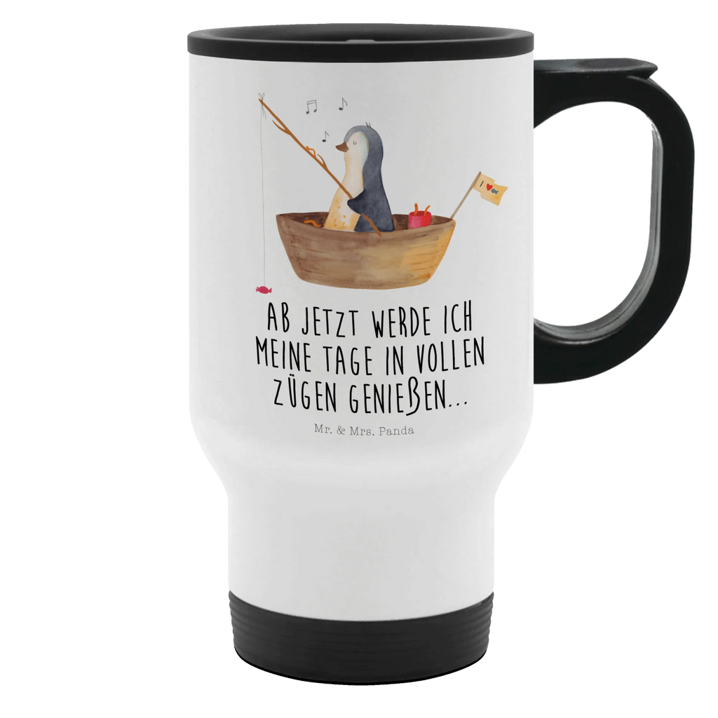 Thermobecher Pinguin Angelboot Thermobecher, To Go Becher, Thermotasse, Kaffeebecher, Isolierbecher, Thermobecher To Go, Warmhaltetasse, Edelstahlbecher, Reisebecher, Tasse mit Deckel, Thermobecher für 400 ml, Kaffeetasse zum Mitnehmen, Tasse zum Mitnehmen, Spülmaschinenfest, Pinguin, Pinguine, Angeln, Boot, Angelboot, Lebenslust, Leben, genießen, Motivation, Neustart, Neuanfang, Trennung, Scheidung, Geschenkidee Liebeskummer