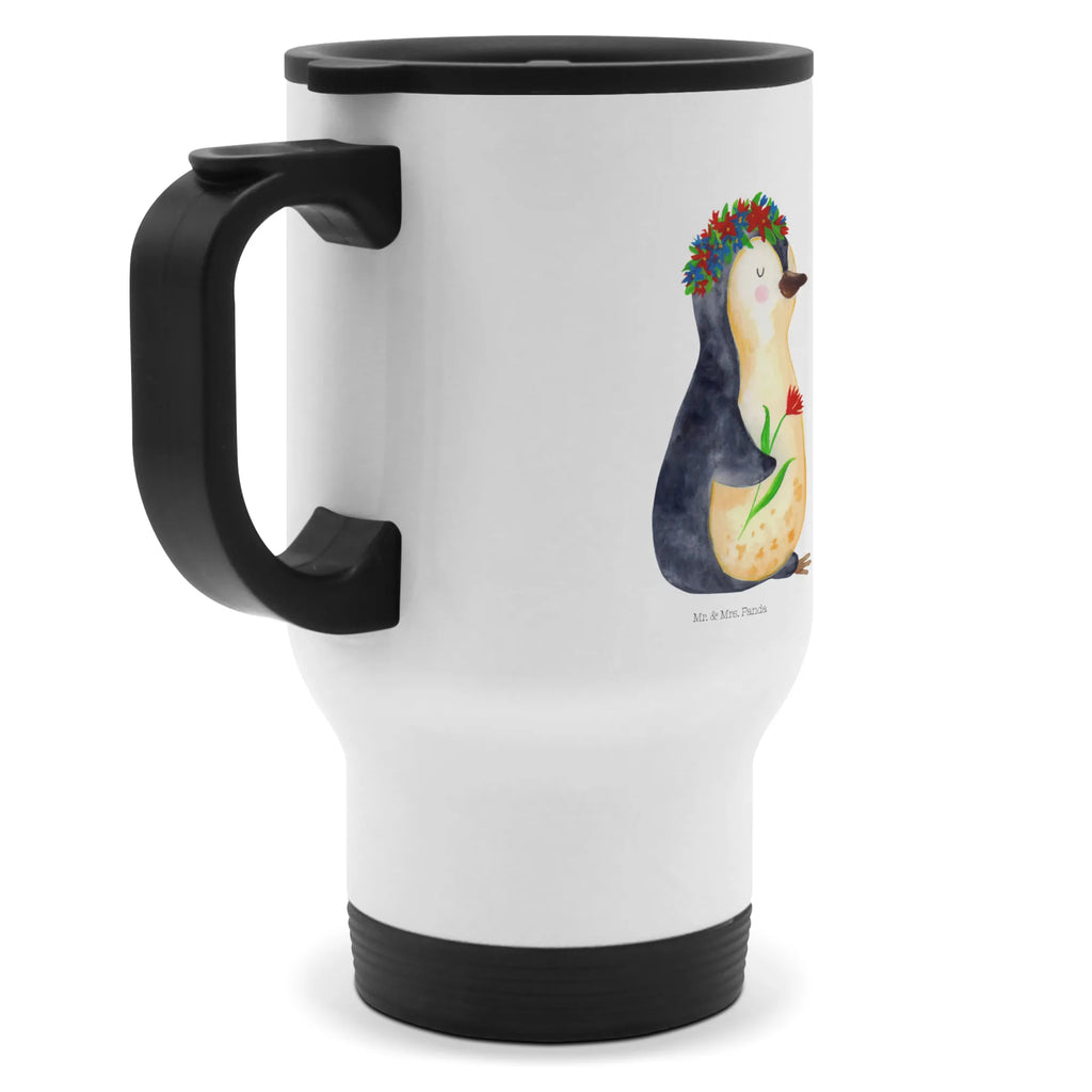 Thermobecher Pinguin Blumen Thermobecher, To Go Becher, Thermotasse, Kaffeebecher, Isolierbecher, Thermobecher To Go, Warmhaltetasse, Edelstahlbecher, Reisebecher, Tasse mit Deckel, Thermobecher für 400 ml, Kaffeetasse zum Mitnehmen, Tasse zum Mitnehmen, Spülmaschinenfest, Pinguin, Pinguine, Blumenkranz, Universum, Leben, Wünsche, Ziele, Lebensziele, Motivation, Lebenslust, Liebeskummer, Geschenkidee