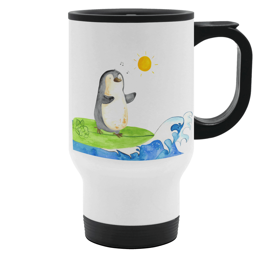 Thermobecher Pinguin Surfer Thermobecher, To Go Becher, Thermotasse, Kaffeebecher, Isolierbecher, Thermobecher To Go, Warmhaltetasse, Edelstahlbecher, Reisebecher, Tasse mit Deckel, Thermobecher für 400 ml, Kaffeetasse zum Mitnehmen, Tasse zum Mitnehmen, Spülmaschinenfest, Pinguin, Pinguine, surfen, Surfer, Hawaii, Urlaub, Wellen, Wellen reiten, Portugal