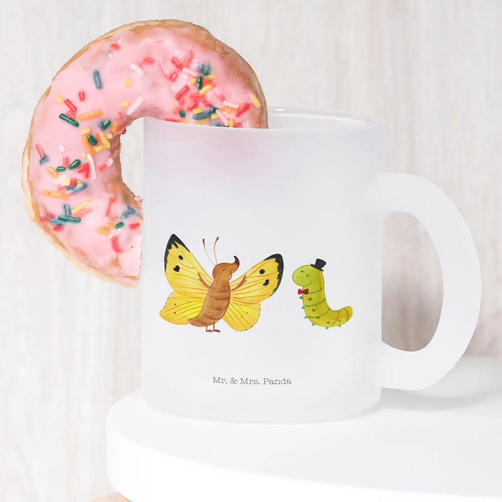 Teetasse Raupe & Schmetterling Teetasse, Teeglas, Teebecher, Tasse mit Henkel, Tasse, Glas Teetasse, Teetasse aus Glas, Tiermotive, Gute Laune, lustige Sprüche, Tiere, Raupe, Schmetterling, Zitronenfalter, Entwicklung, Erwachsen werden, Kokon, Hut, Hütchen, Schönheit, Aufwachsen