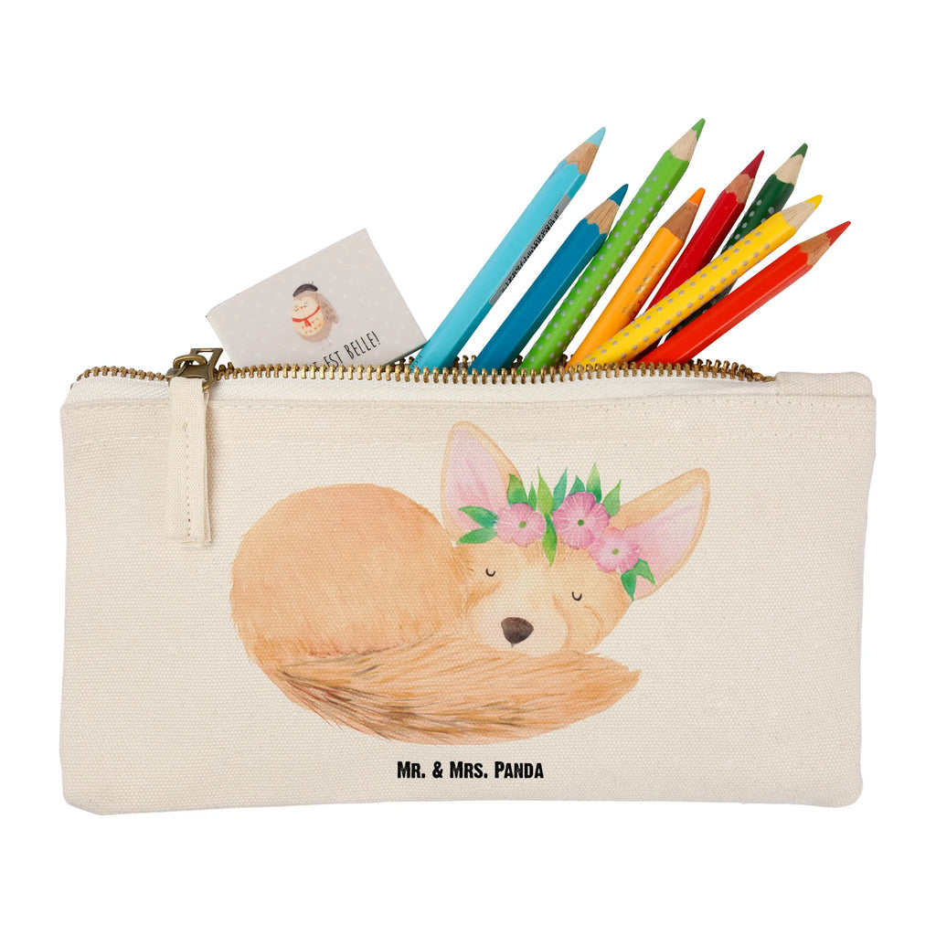 Schminktasche Wüstenfuchs Blumenkranz Schminktasche, Kosmetiktasche, Kosmetikbeutel, Stiftemäppchen, Etui, Federmappe, Makeup, XXL, Schminketui, Kosmetiketui, Schlamperetui, Afrika, Wildtiere, Wüste, Wüstenfuchs, Blumen, Blumenkranz, Glücklich