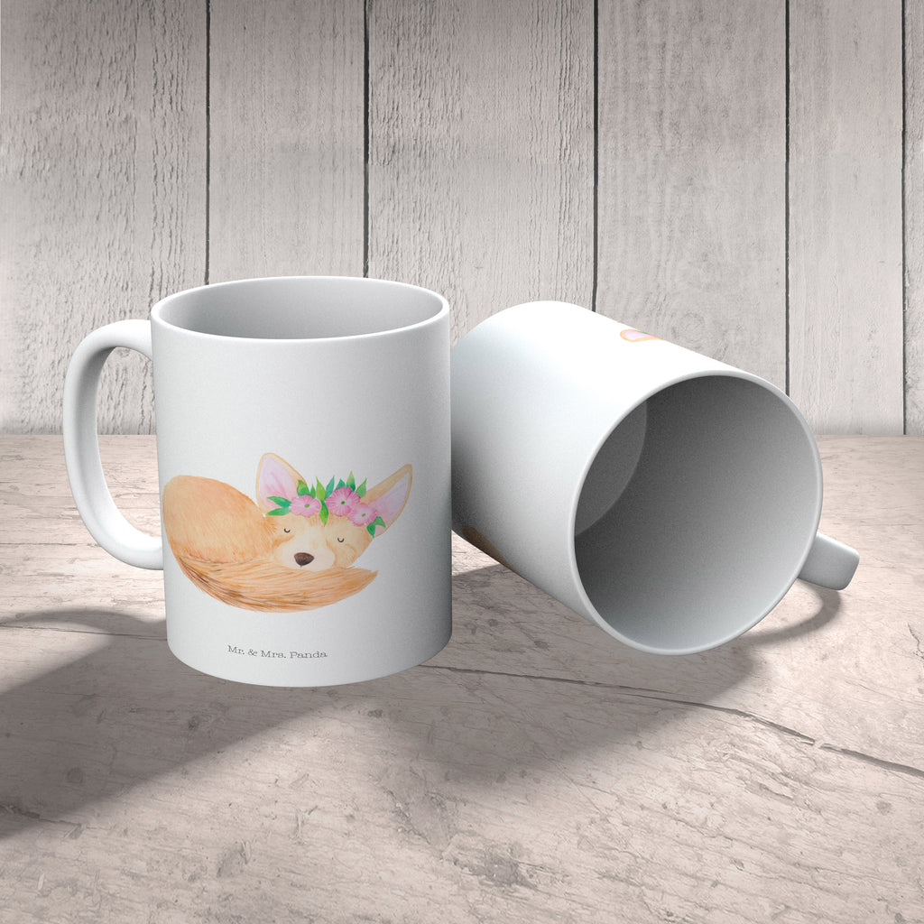 Tasse Wüstenfuchs Blumenkranz Tasse, Kaffeetasse, Teetasse, Becher, Kaffeebecher, Teebecher, Keramiktasse, Porzellantasse, Büro Tasse, Geschenk Tasse, Tasse Sprüche, Tasse Motive, Kaffeetassen, Tasse bedrucken, Designer Tasse, Cappuccino Tassen, Schöne Teetassen, Afrika, Wildtiere, Wüste, Wüstenfuchs, Blumen, Blumenkranz, Glücklich