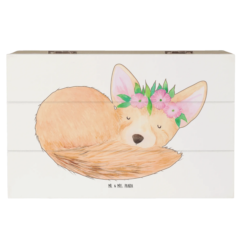 Holzkiste Wüstenfuchs Blumenkranz Holzkiste, Kiste, Schatzkiste, Truhe, Schatulle, XXL, Erinnerungsbox, Erinnerungskiste, Dekokiste, Aufbewahrungsbox, Geschenkbox, Geschenkdose, Afrika, Wildtiere, Wüste, Wüstenfuchs, Blumen, Blumenkranz, Glücklich