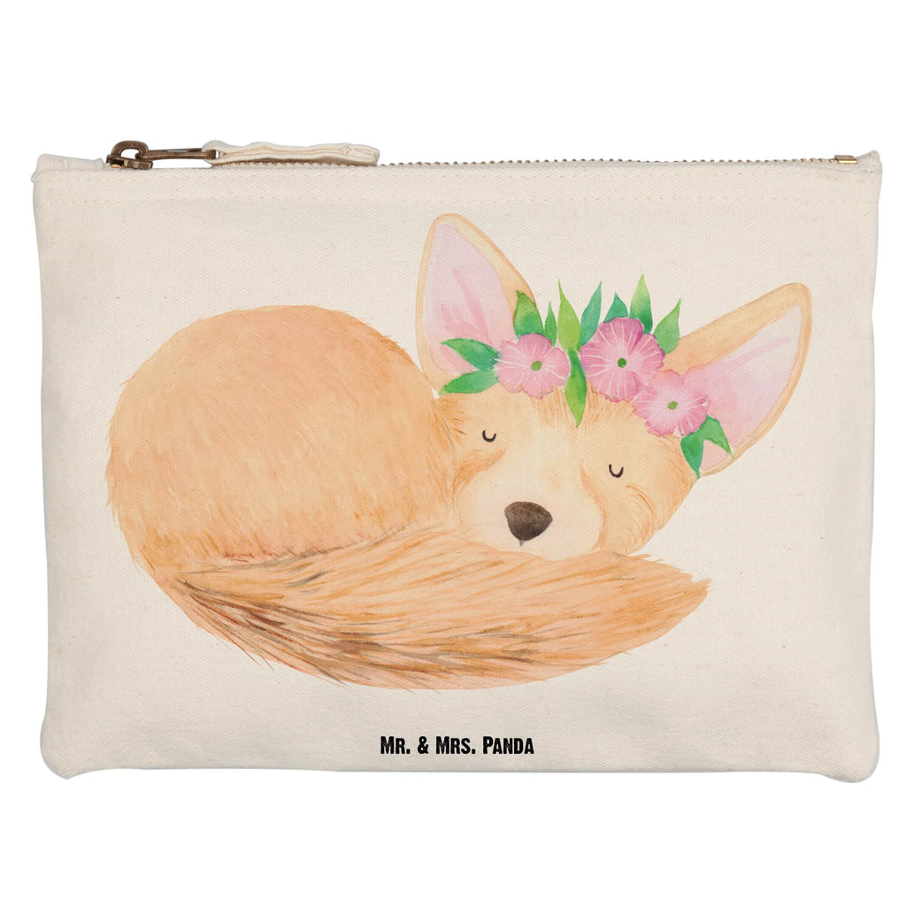 Schminktasche Wüstenfuchs Blumenkranz Schminktasche, Kosmetiktasche, Kosmetikbeutel, Stiftemäppchen, Etui, Federmappe, Makeup, XXL, Schminketui, Kosmetiketui, Schlamperetui, Afrika, Wildtiere, Wüste, Wüstenfuchs, Blumen, Blumenkranz, Glücklich