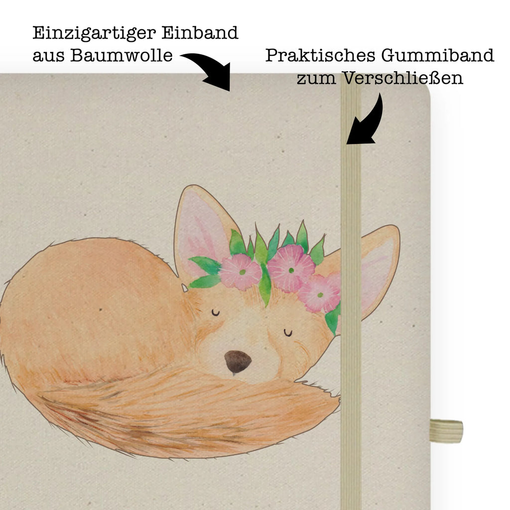 Baumwoll Notizbuch Wüstenfuchs Blumenkranz Notizen, Eintragebuch, Tagebuch, Notizblock, Adressbuch, Journal, Kladde, Skizzenbuch, Notizheft, Schreibbuch, Schreibheft, Afrika, Wildtiere, Wüste, Wüstenfuchs, Blumen, Blumenkranz, Glücklich