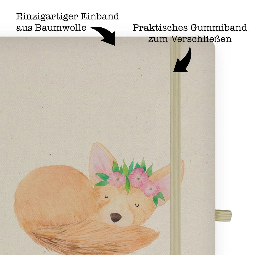 Baumwoll Notizbuch Wüstenfuchs Blumenkranz Notizen, Eintragebuch, Tagebuch, Notizblock, Adressbuch, Journal, Kladde, Skizzenbuch, Notizheft, Schreibbuch, Schreibheft, Afrika, Wildtiere, Wüste, Wüstenfuchs, Blumen, Blumenkranz, Glücklich