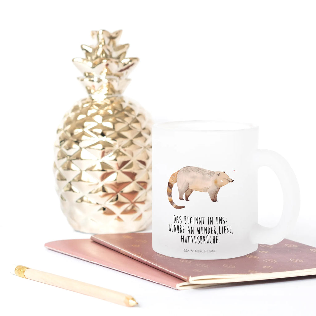 Teetasse Nasenbär Teetasse, Teeglas, Teebecher, Tasse mit Henkel, Tasse, Glas Teetasse, Teetasse aus Glas, Tiermotive, Gute Laune, lustige Sprüche, Tiere, Nasenbär, Nasenbären, Rüsselbär, Bär