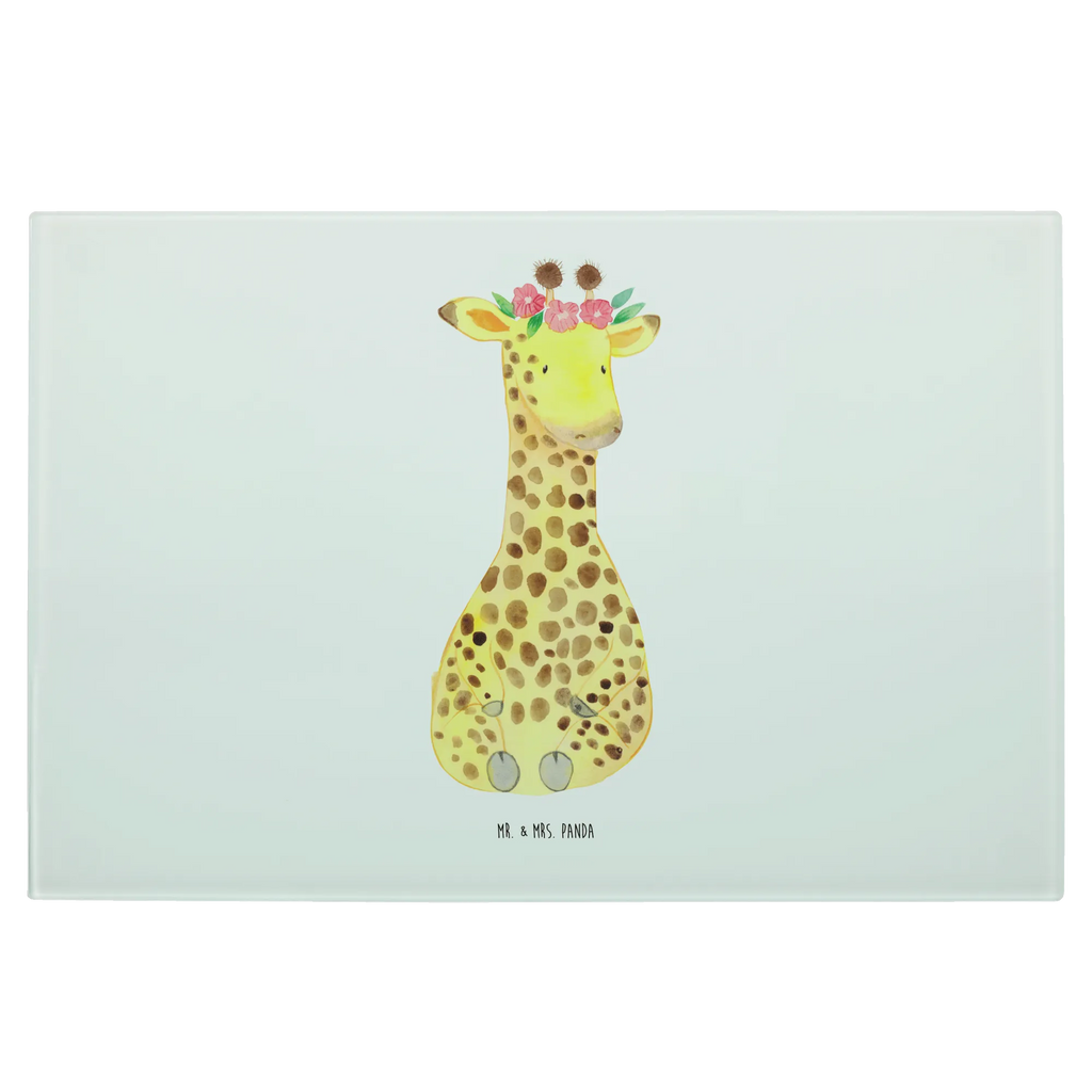 Glasschneidebrett Giraffe Blumenkranz Glasschneidebrett, Schneidebrett, Frühstücksbrett, Küche, Afrika, Wildtiere, Giraffe, Blumenkranz, Abenteurer, Selbstliebe, Freundin