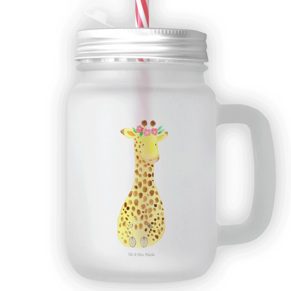 Trinkglas Mason Jar Giraffe Blumenkranz Mason Jar, Glas, Trinkglas, Henkelglas, Sommerglas, Einmachglas, Cocktailglas, Cocktail-Glas, Mason Jar Trinkglas, Satiniertes Glas, Retro-Glas, Strohhalm Glas, Schraubdeckel Glas, Sommerparty Einrichtung, Afrika, Wildtiere, Giraffe, Blumenkranz, Abenteurer, Selbstliebe, Freundin