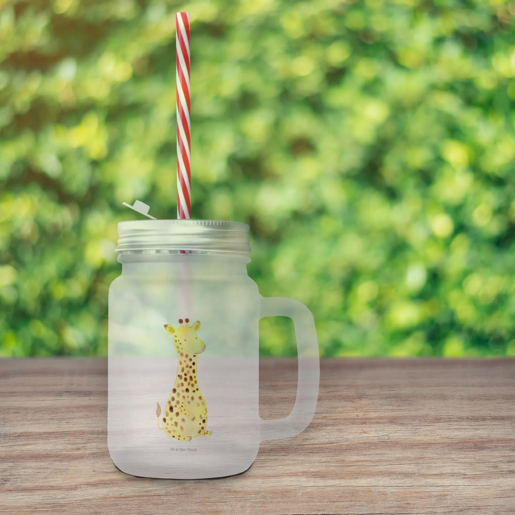 Trinkglas Mason Jar Giraffe Zufrieden Mason Jar, Glas, Trinkglas, Henkelglas, Sommerglas, Einmachglas, Cocktailglas, Cocktail-Glas, Mason Jar Trinkglas, Satiniertes Glas, Retro-Glas, Strohhalm Glas, Schraubdeckel Glas, Sommerparty Einrichtung, Afrika, Wildtiere, Giraffe, Zufrieden, Glück, Abenteuer