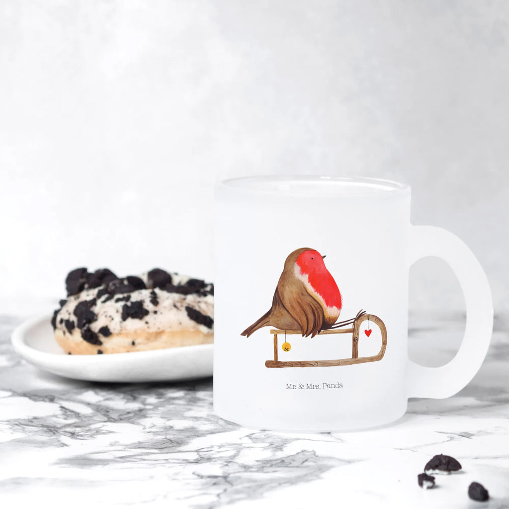 Teetasse Rotkehlchen Schlitten Teetasse, Teeglas, Teebecher, Tasse mit Henkel, Tasse, Glas Teetasse, Teetasse aus Glas, Winter, Weihnachten, Weihnachtsdeko, Nikolaus, Advent, Heiligabend, Wintermotiv, Schlitten, Vogel