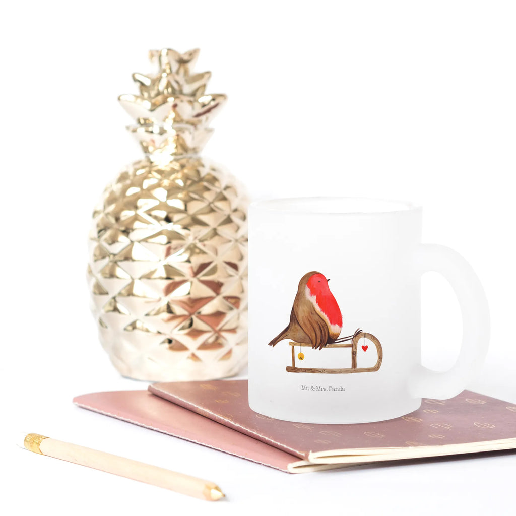 Teetasse Rotkehlchen Schlitten Teetasse, Teeglas, Teebecher, Tasse mit Henkel, Tasse, Glas Teetasse, Teetasse aus Glas, Winter, Weihnachten, Weihnachtsdeko, Nikolaus, Advent, Heiligabend, Wintermotiv, Schlitten, Vogel