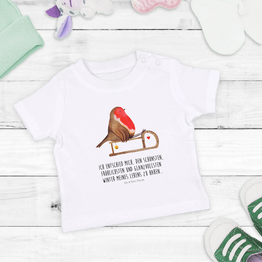 Organic Baby Shirt Rotkehlchen Schlitten Baby T-Shirt, Jungen Baby T-Shirt, Mädchen Baby T-Shirt, Shirt, Winter, Weihnachten, Weihnachtsdeko, Nikolaus, Advent, Heiligabend, Wintermotiv, Schlitten, Vogel