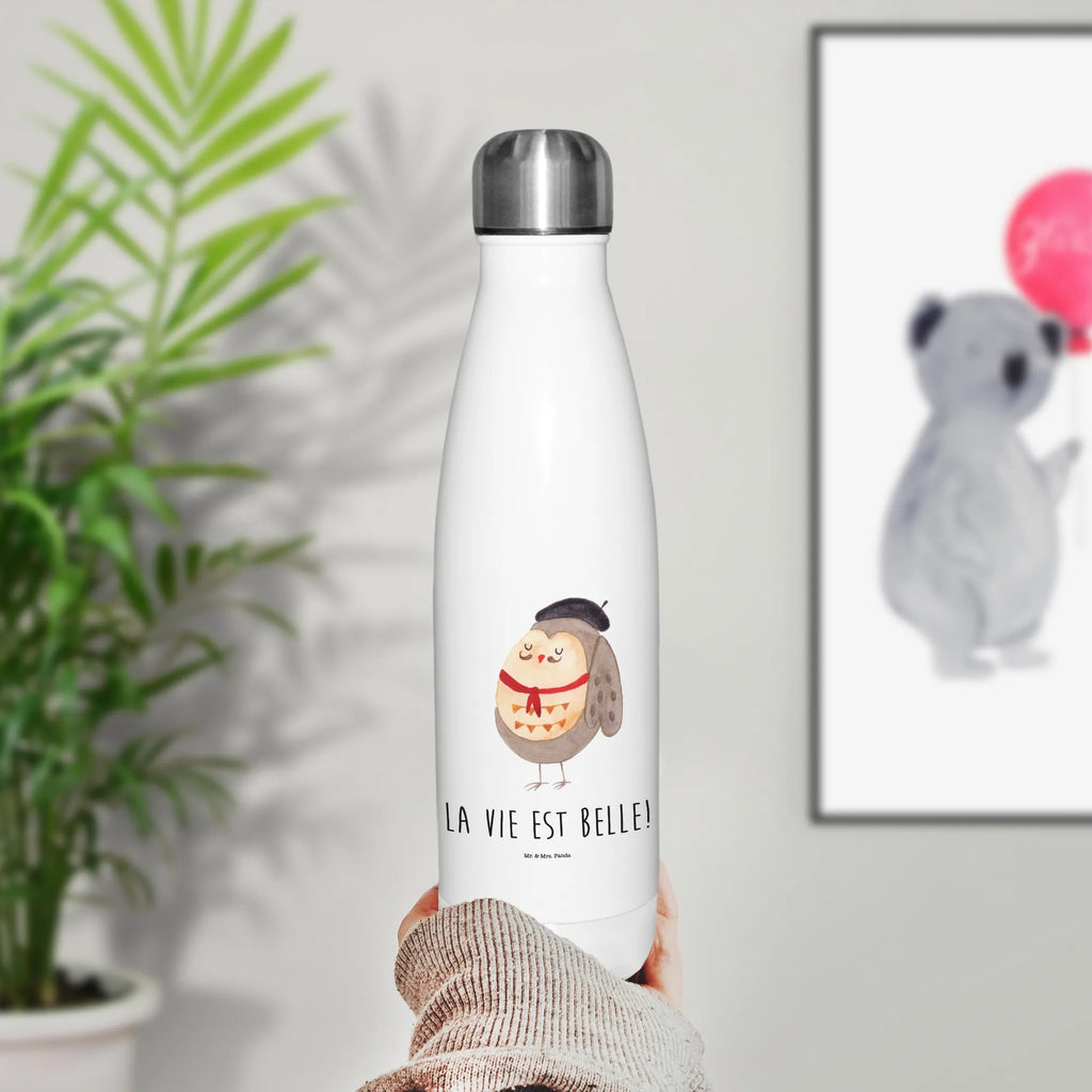 Thermosflasche Eule Französisch Isolierflasche, Thermoflasche, Trinkflasche, Thermos, Edelstahl, Eule, Eulen, Eule Deko, Owl, hibou, La vie est belle, das Leben ist schön, Spruch schön, Spruch Französisch, Frankreich