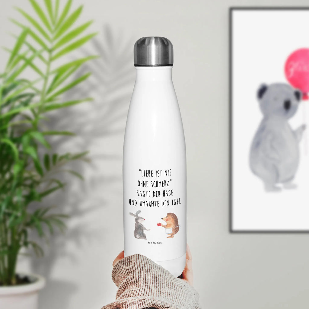 Thermosflasche Liebe ist nie ohne Schmerz Isolierflasche, Thermoflasche, Trinkflasche, Thermos, Edelstahl, Tiermotive, Gute Laune, lustige Sprüche, Tiere, Igel und Hase, Igel, Hase, Liebe Spruch, Liebeskummer Geschenk, Herzschmerz, Trösten, Trennungsschmerz, Spruch romantisch