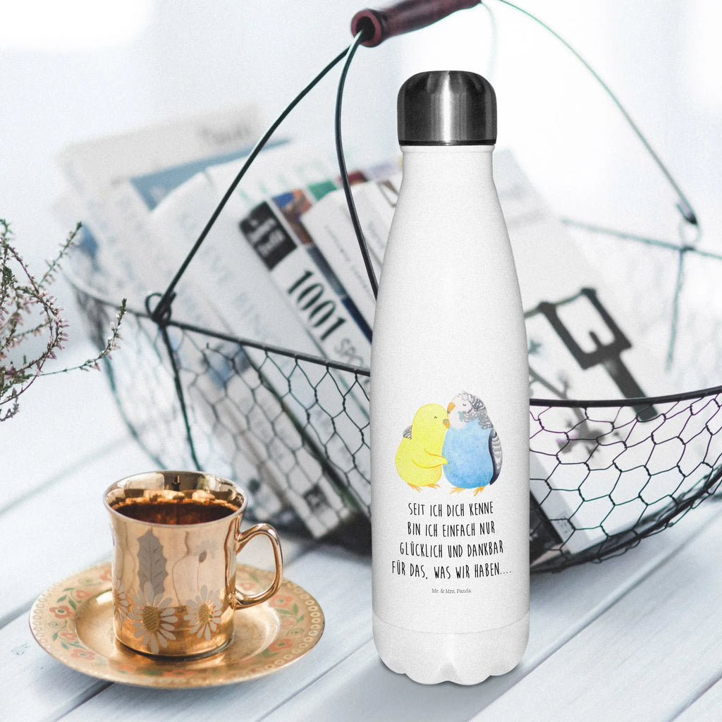 Thermosflasche Wellensittich Liebe Isolierflasche, Thermoflasche, Trinkflasche, Thermos, Edelstahl, Liebe, Partner, Freund, Freundin, Ehemann, Ehefrau, Heiraten, Verlobung, Heiratsantrag, Liebesgeschenk, Jahrestag, Hocheitstag, Vögel, Wellensittich, Nähe, Kuscheln, Vertrauen