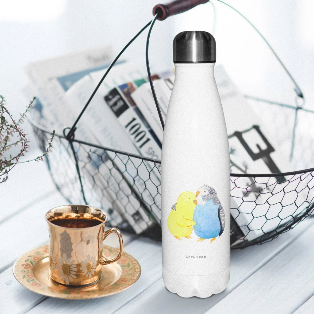 Thermosflasche Wellensittich Liebe Isolierflasche, Thermoflasche, Trinkflasche, Thermos, Edelstahl, Liebe, Partner, Freund, Freundin, Ehemann, Ehefrau, Heiraten, Verlobung, Heiratsantrag, Liebesgeschenk, Jahrestag, Hocheitstag, Vögel, Wellensittich, Nähe, Kuscheln, Vertrauen