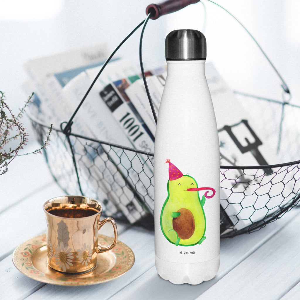 Thermosflasche Avocado Partyhupe Isolierflasche, Thermoflasche, Trinkflasche, Thermos, Edelstahl, Avocado, Veggie, Vegan, Gesund, Party, Feierlichkeit, Feier, Fete, Geburtstag, Gute Laune, Tröte