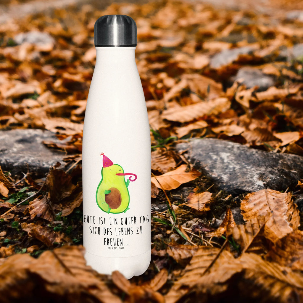 Thermosflasche Avocado Partyhupe Isolierflasche, Thermoflasche, Trinkflasche, Thermos, Edelstahl, Avocado, Veggie, Vegan, Gesund, Party, Feierlichkeit, Feier, Fete, Geburtstag, Gute Laune, Tröte